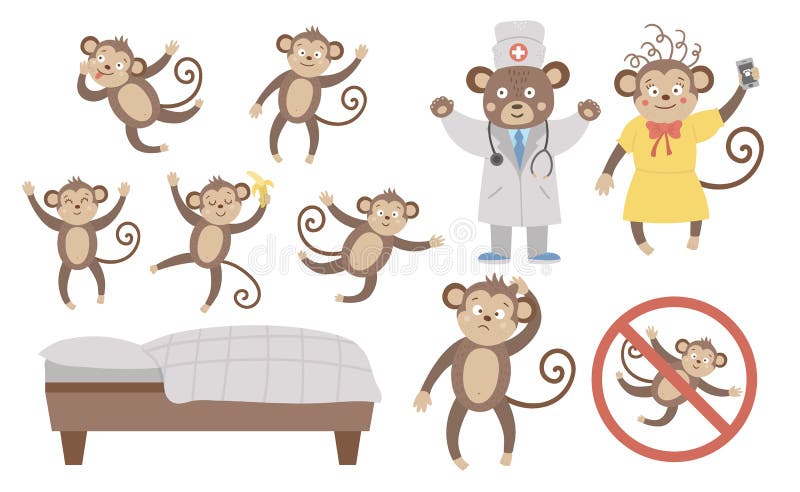 Vector set with cute five little monkeys, mommy, doctor, bed isolated on white background. Funny nursery rhyme and song