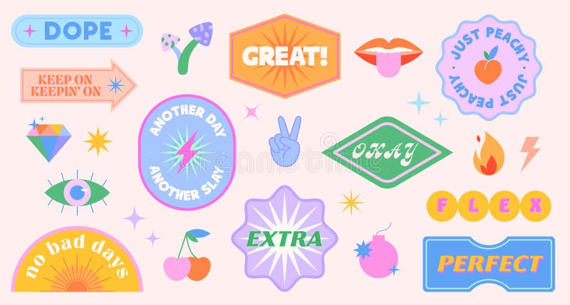 Vector Set of Cute Funny Patches and Stickers in 90s Style.Modern