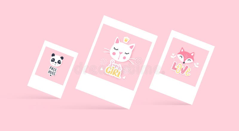 Vector set of cute greeting cards. Cartoon animals - panda, cat, fox royalty free illustration Vector set of cute greeting cards. Cartoon animals - panda, cat, fox royalty free illustration