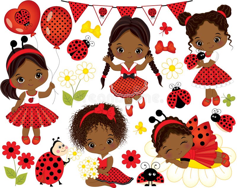 Vector set with cute little African American girls dressed in ladybug style, flowers, balloons, butterflies, ladybugs and bunting. Little African American girls and ladybugs vector illustration. Vector set with cute little African American girls dressed in ladybug style, flowers, balloons, butterflies, ladybugs and bunting. Little African American girls and ladybugs vector illustration