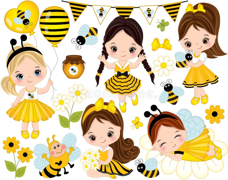 Vector set with cute little girls dressed in bee style, cartoon bees, flowers, balloons, jars of honey, butterflies and bunting. Little girls vector illustration. Vector set with cute little girls dressed in bee style, cartoon bees, flowers, balloons, jars of honey, butterflies and bunting. Little girls vector illustration