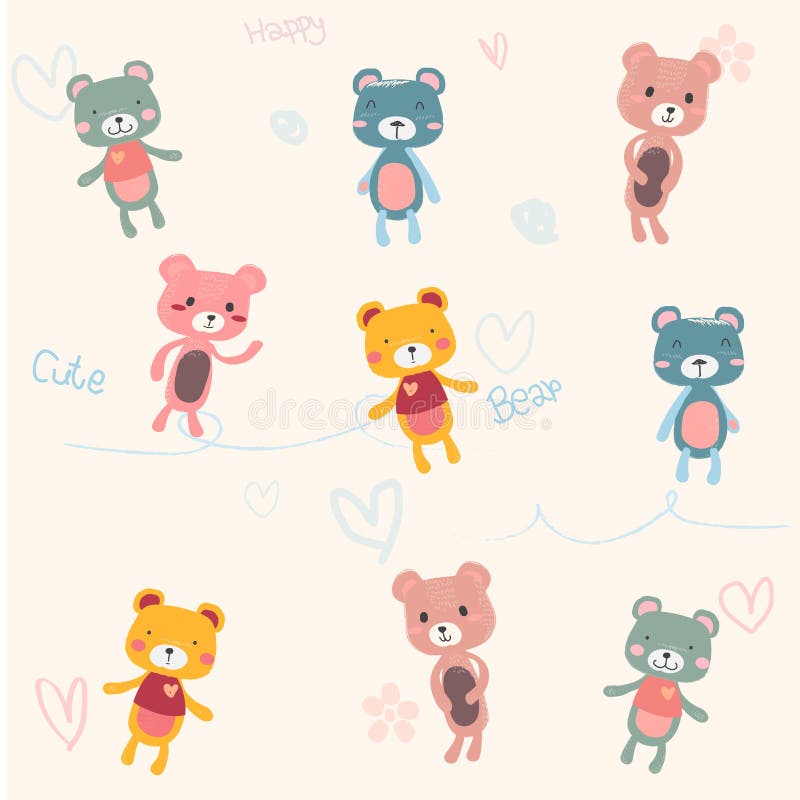 Vector Set of Cute Teddy Bears Cartoon Character Hand Drawing in Pastel Colour, Stock Vector - Illustration of design, smile: 118407209 Vector Set of Cute Teddy Bears Cartoon Character Hand Drawing in Pastel Colour, Stock Vector - Illustration of design, smile: 118407209