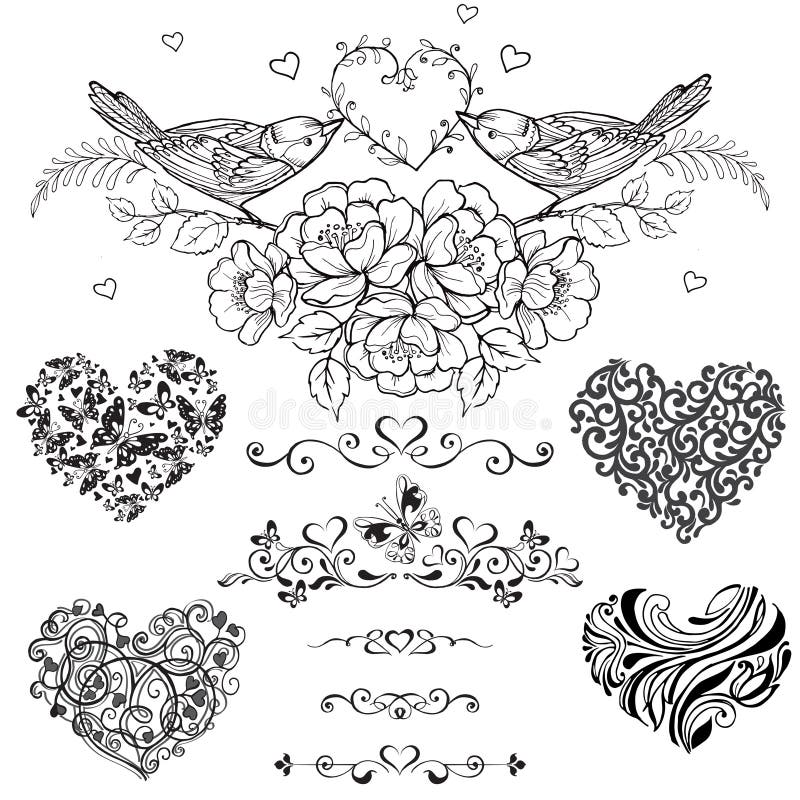 Vector set of decorative hearts, vignette, vintage decorative el