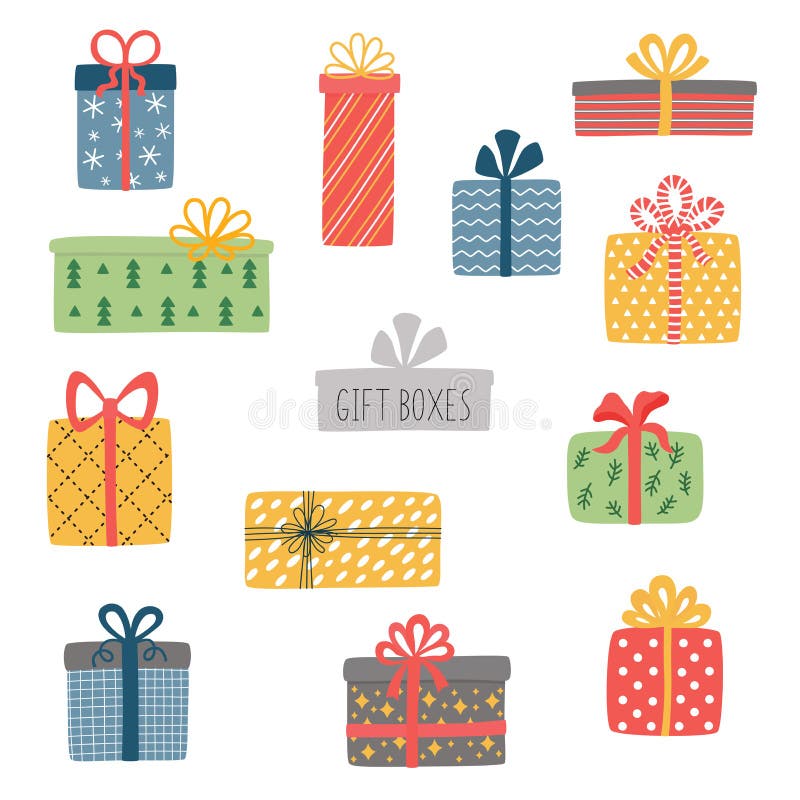 Vector Set of Different Colorful Wrapped Gift Boxes. Christmas Gift Box