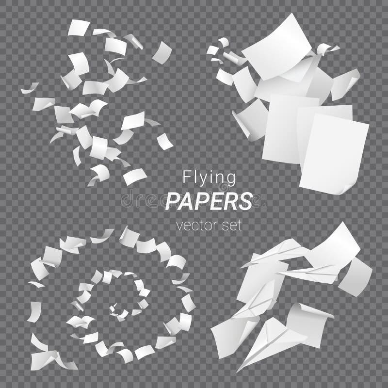 Vector set of different groups of flying papers and paper planes isolated on transparent background vector illustration