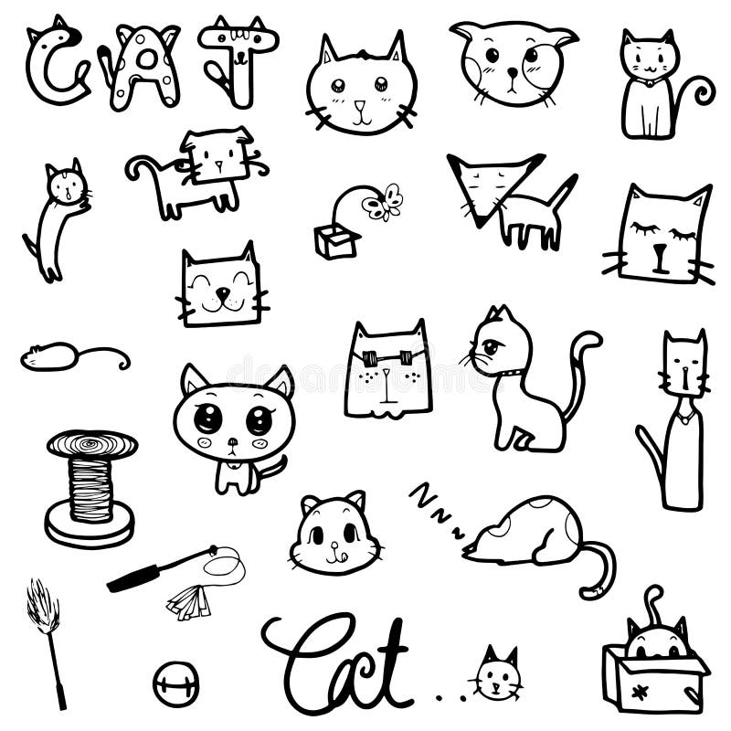 set of cute cats on white background, line style icon vector