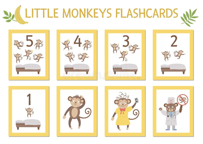 Vector Set of Educational Flashcards with Cute Five Little Monkeys, Mommy,  Doctor, Bed. Funny Nursery Rhyme and Song Illustration Stock Vector -  Illustration of doctor, counting: 179966782