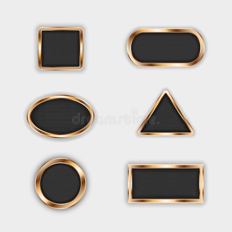 Vector set of elements for design, perforated metal mesh in gold frames of various shapes. Circle, square, oval, rectangle, triang stock illustration