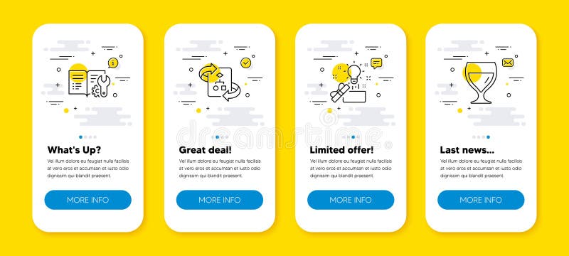 Vector set of Engineering documentation, Technical algorithm and Creative idea line icons set. Vector. UI phone app screens with line icons. Wine glass icon. Manual, Project doc, Present box.