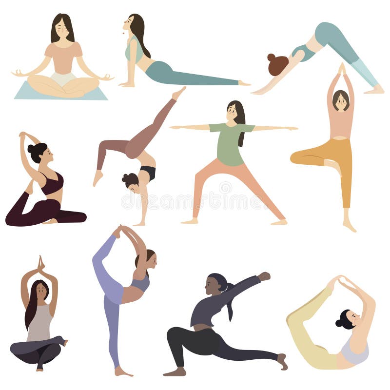 Women Doing Yoga Flat Vector Illustration Set. Girls in Yoga Poses ...