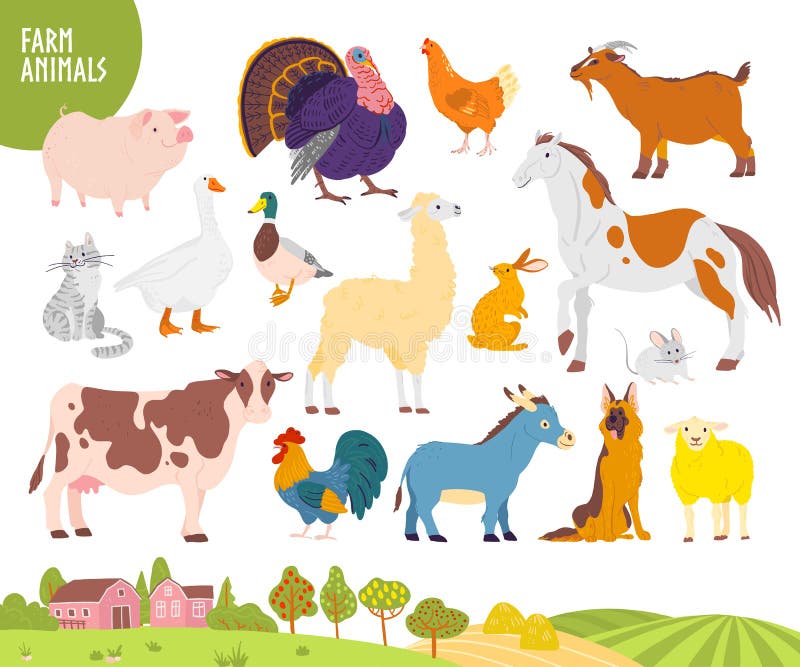 Vector set of farm animal: pig, chicken, cow, horse etc with cozy village landscape, house, garden, field. White background.