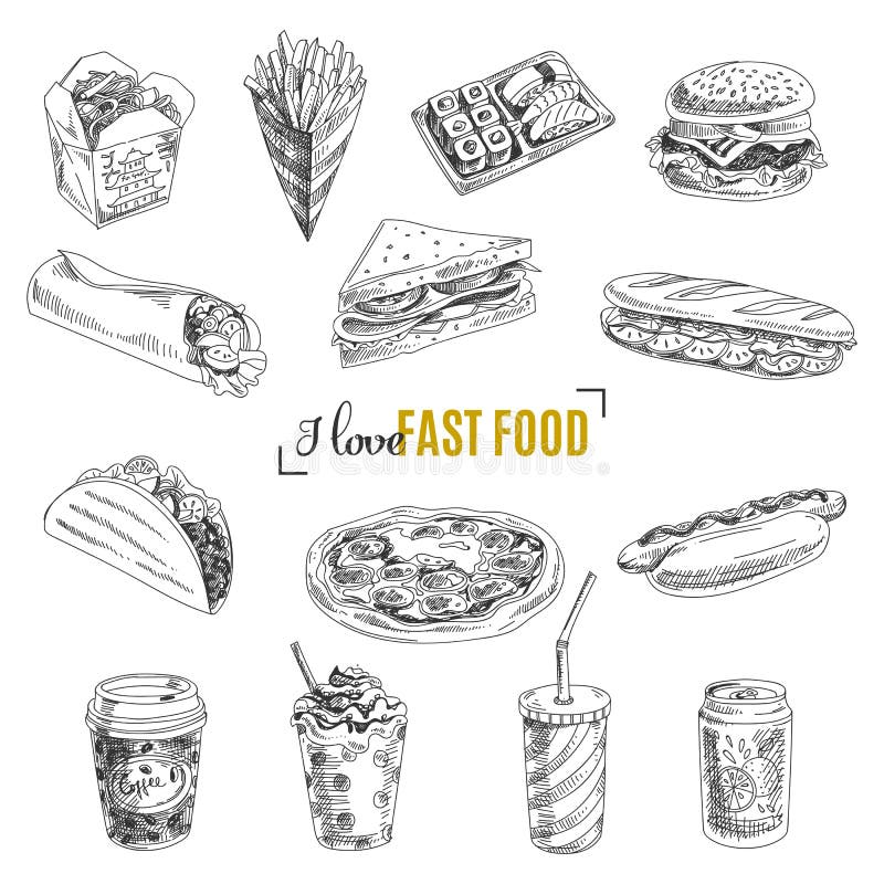 Vector set of fast food. Illustration in sketch royalty free illustration