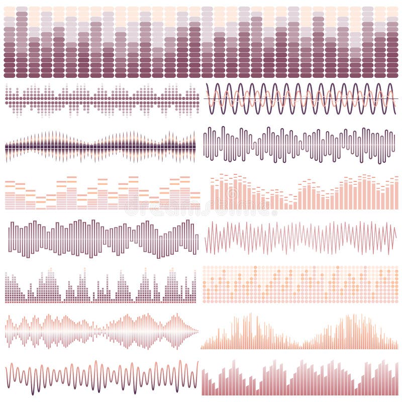 Vector set of fifteen sound waves. Audio equalizer. Sound & audio waves vector illustration