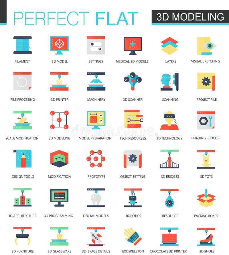 Vector set of flat 3d printing and modeling icons. vector illustration Vector set of flat 3d printing and modeling icons. vector illustration