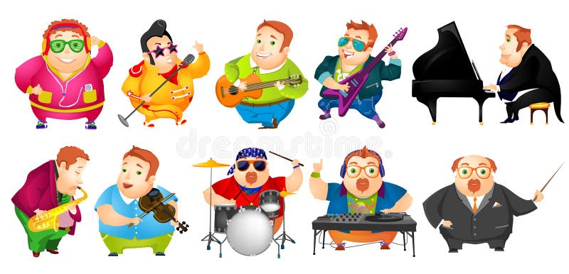 Set of cheerful fat man conducting with baton, listening music, singing, playing guitar, saxophone, piano, violin, drum, mixing music on turntables. Vector illustration on white background. Set of cheerful fat man conducting with baton, listening music, singing, playing guitar, saxophone, piano, violin, drum, mixing music on turntables. Vector illustration on white background.