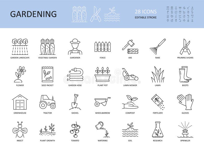 Vector set of gardening icons. Editable Stroke. Plant flower care agriculture water shovel lawn grow. Vegetable seed pot grass