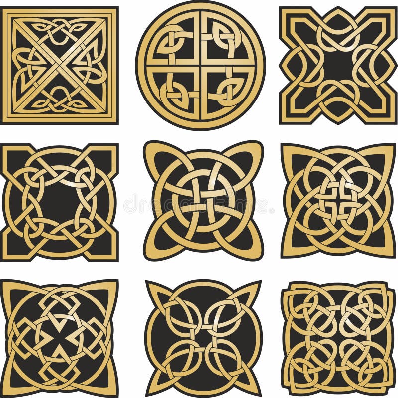 Vector set of gold and black celtic knots. Ornament of ancient European peoples.