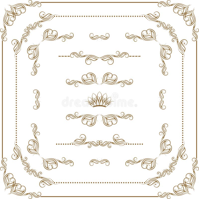 Vector set of gold decorative horizontal floral elements, corners, borders, crown. Page decoration. Vector set of gold decorative horizontal floral elements, corners, borders, crown. Page decoration.