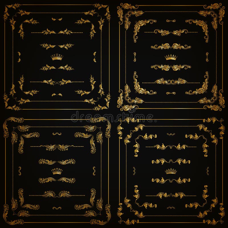 Vector set of gold decorative horizontal floral elements, corners, borders, frame, dividers, crown on black background. Page, web site decoration. Vector illustartion EPS 10. Vector set of gold decorative horizontal floral elements, corners, borders, frame, dividers, crown on black background. Page, web site decoration. Vector illustartion EPS 10.