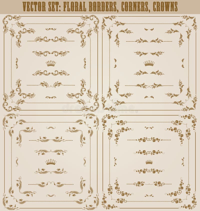 Vector set of gold decorative horizontal floral elements, corners, borders, frame, dividers, crown. Page decoration. Vector set of gold decorative horizontal floral elements, corners, borders, frame, dividers, crown. Page decoration.