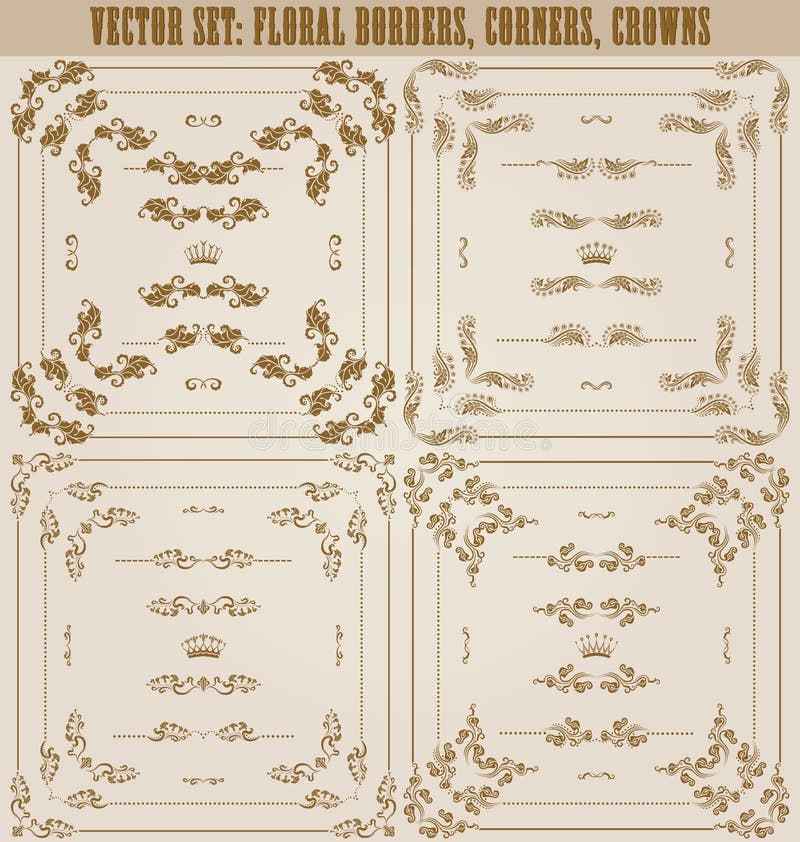 Vector set of gold decorative horizontal floral elements, corners, borders, frame, dividers, crown. Page decoration. Vector set of gold decorative horizontal floral elements, corners, borders, frame, dividers, crown. Page decoration.