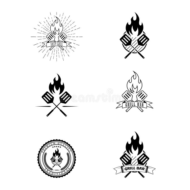 Vector set of grill bar and bbq labels. Vintage grill restaurant emblems. Food badges and design elements royalty free illustration Vector set of grill bar and bbq labels. Vintage grill restaurant emblems. Food badges and design elements royalty free illustration