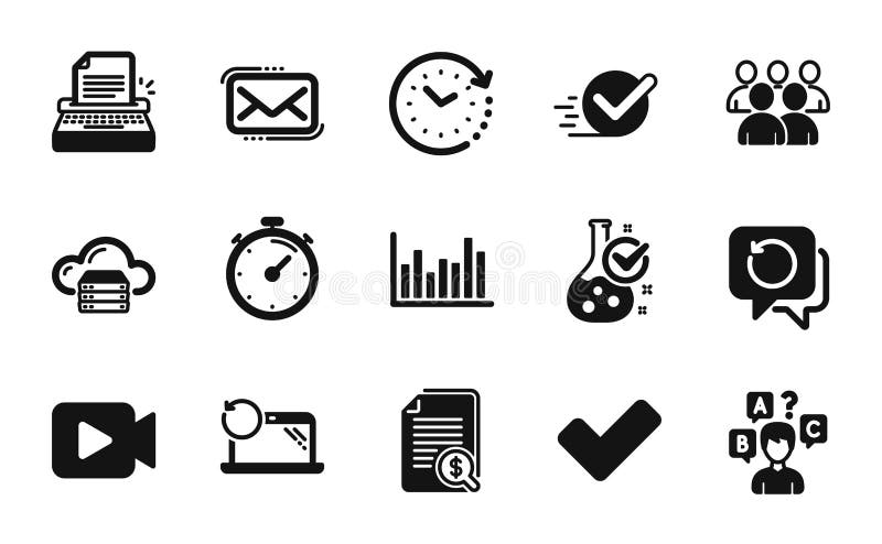 Vector set of Group, Video camera and Time change icons simple set. Vector royalty free illustration