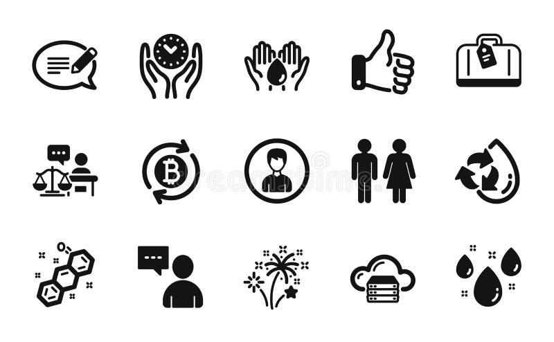 Vector set of Hand baggage, Refresh bitcoin and Person icons simple set. Vector vector illustration