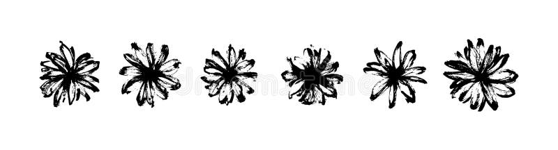 Vector set of hand drawn abstract modern flowers painted by ink. Grunge style brush painting vector blossom silhouettes. Black