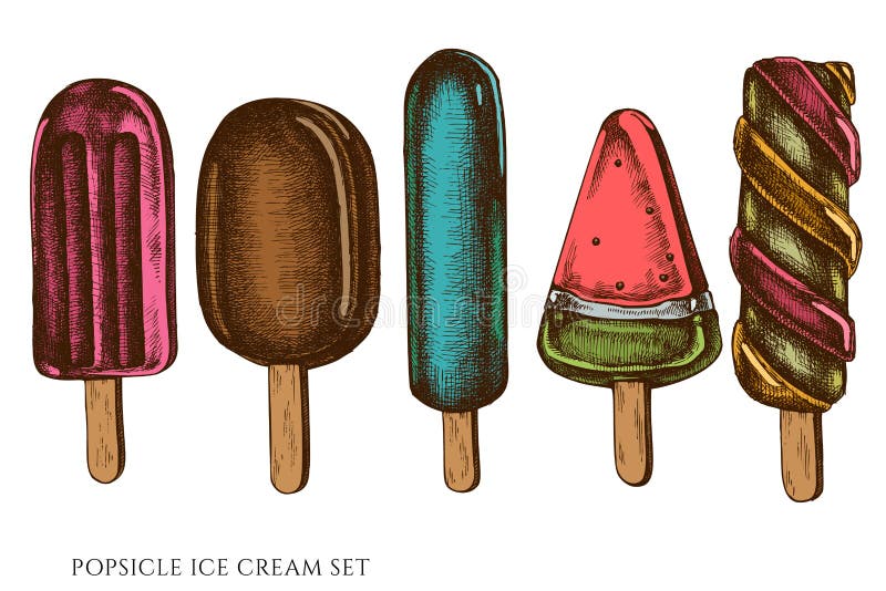 Vector Set of Hand Drawn Colored Popsicle Ice Cream Stock Vector