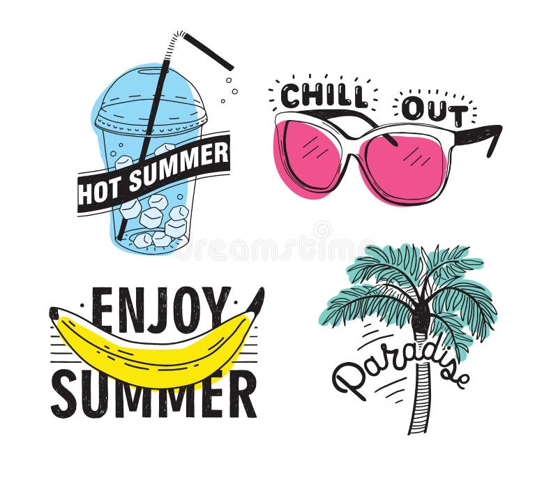 Vector set of hand drawn lettering with inscriptions Enjoy summer, paradise, hot summer, chill out. Typographic