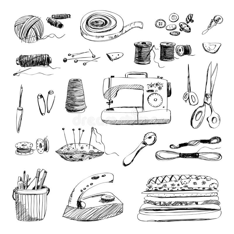 Vector Set of Hand Drawn Sewing and Embroidery Tools Stock Vector ...