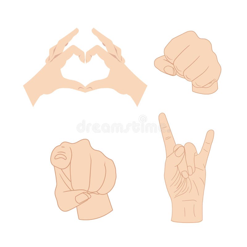 Vector Set of Hand Gesturing, Sign Language Isolated Collection, Love Heart Symbol, Fist, Rock and Pointing Finger. stock illustration Vector Set of Hand Gesturing, Sign Language Isolated Collection, Love Heart Symbol, Fist, Rock and Pointing Finger. stock illustration