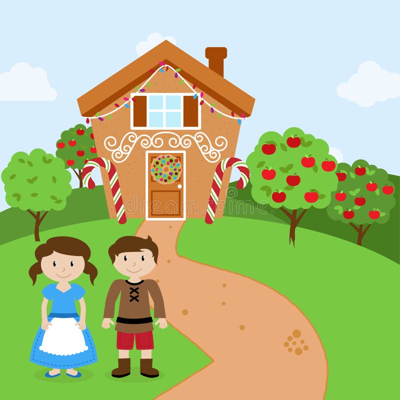 stock illustration vector set hansel gretel front fairytale gingerbread house children husband wife image