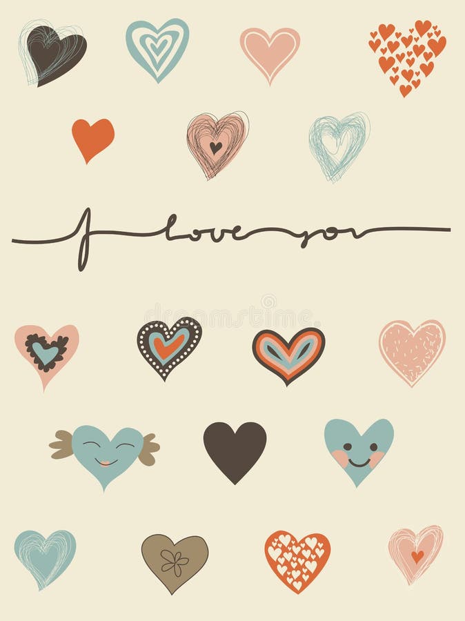 Vector set of hearts and I love you text