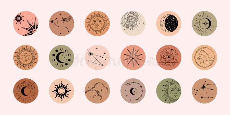Vector set of highlights with moon, sun, clouds, stars and constellations. Mystical magic elements, spiritual occultism