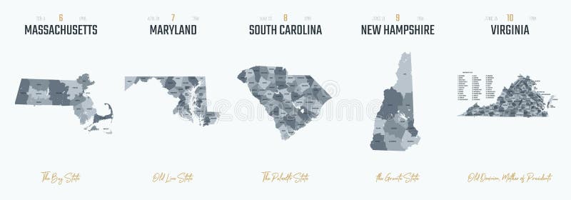 Vector set 2 of 10 Highly detailed silhouettes of US state maps, divided into counties with names and territory nicknames stock illustration
