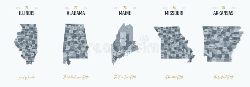 Vector set 5 of 10 Highly detailed silhouettes of US state maps, divided into counties with names and territory nicknames stock illustration