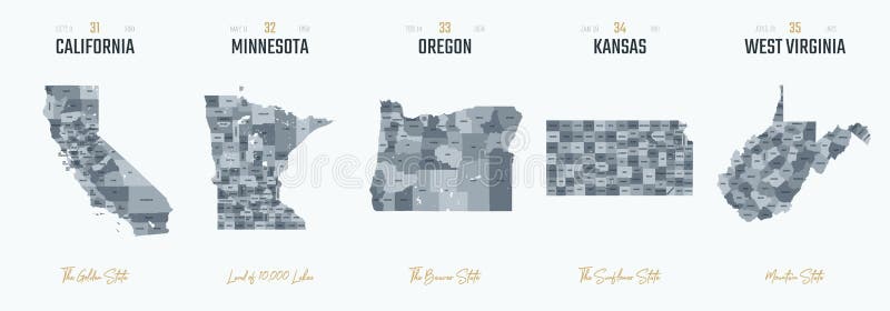 Vector set 7 of 10 Highly detailed silhouettes of US state maps, divided into counties with names and territory nicknames royalty free illustration