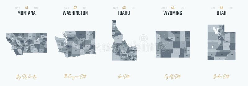 Vector set 9 of 10 Highly detailed silhouettes of US state maps, divided into counties with names and territory nicknames vector illustration