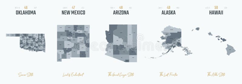 Vector set 10 of 10 Highly detailed silhouettes of US state maps, divided into counties with names and territory nicknames stock illustration