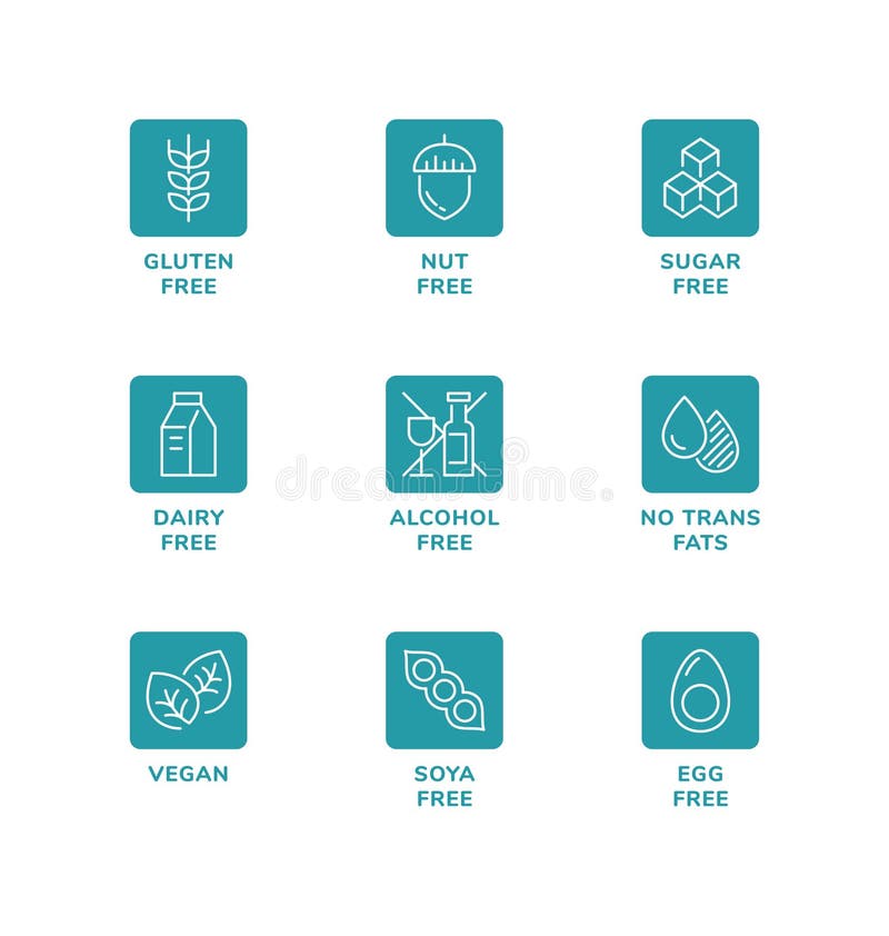 Vector Set of Icons for Healthy Food Packaging without Allergens Stock
