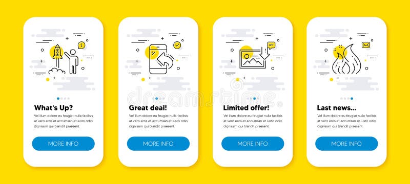 Vector set of Incoming call, Download photo and Launch project line icons set. Vector vector illustration