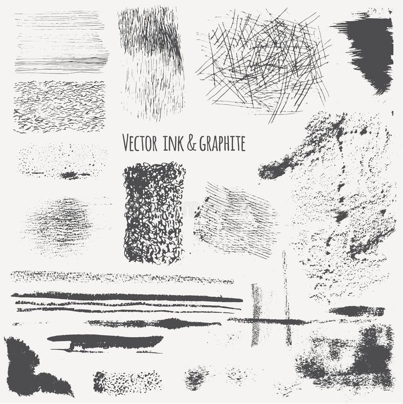 Vector set with ink shading, lines, strokes, stains, curls