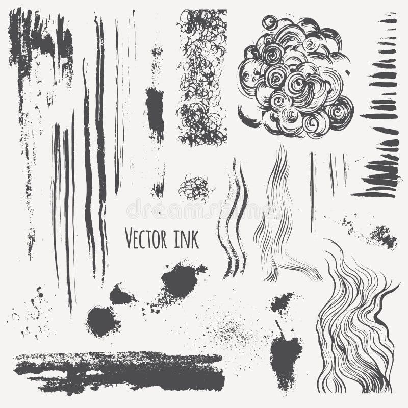 Vector set with ink shading, lines, strokes, stains, curls