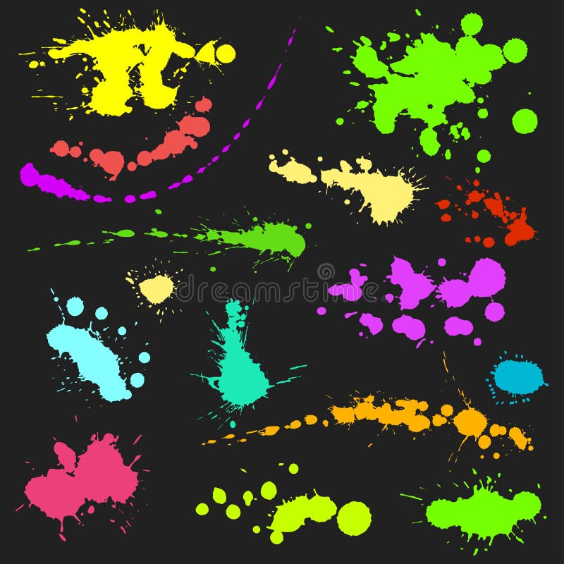 Vector set of ink splashes blots splatter collection grunge design element and art messy backdrop color dirty liquid shape spatter graphic silhouette illustration. Artistic dot dirt pattern spatter.