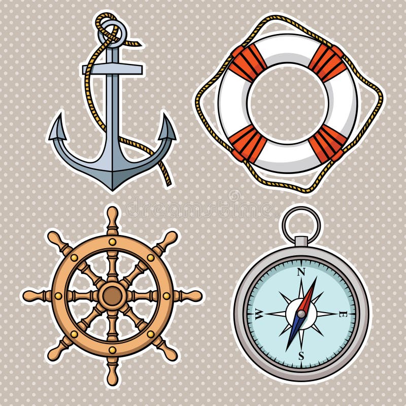 Vector Set with Isolated Anchor, Lifebuoy, Ships Wheel, Compass. Stock