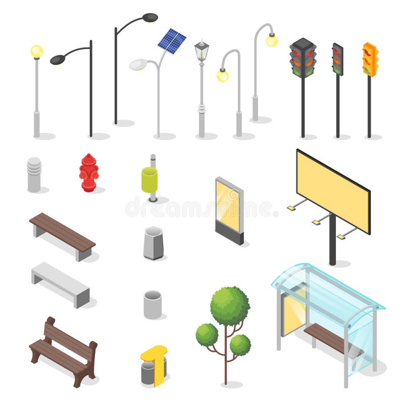 Vector set of isometric city objects. Various urban elements: bus stop, bench, traffic light.