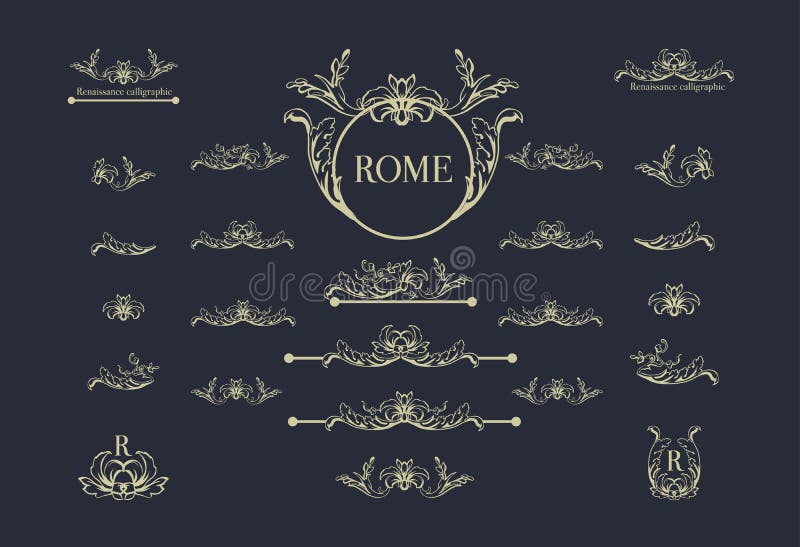 Vector set of italian calligraphic design elements for page decor, dividers and ornate headpieces,vintage underscore stock illustration Vector set of italian calligraphic design elements for page decor, dividers and ornate headpieces,vintage underscore stock illustration