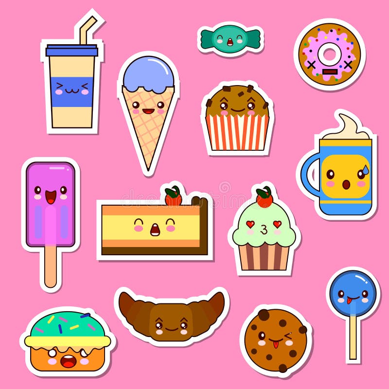 stock illustration vector set kawaii food characters sweets can s emoticon stickers illustration image